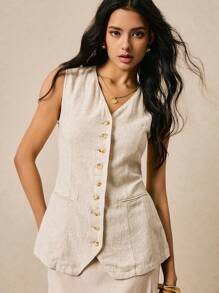 Poéselle 1pc Women's Solid Color Single-Breasted V-Neck Sleeveless Casual Shirt - Apricot - View 6