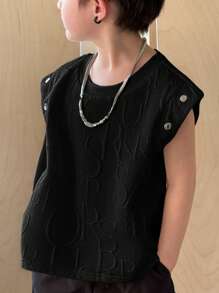 SHEIN Young Boy Letter Embossed Crew Neck Loose Fit Sleeveless Vest - Black - View 1