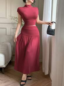 DAZY Conjunto de 2 peças de camiseta feminina de cor sólida com gola e saia de cintura alta - Borgonha - Ver 8