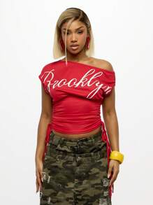 SUMWON WOMEN Urban Off-Shoulder Brooklyn NYC Top Ruched Side Street Style Summer Spring Casual Festival Dance Club - Red - View 1