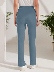 Mulvari Quần legging dài xẻ gấu màu trơn đơn giản đa năng - Màu xanh lam - Xem 2