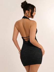 SHEIN BAE 女士花卉蕾丝深 V 领性感吊带迷你连衣裙 - 黑色 - 查看 2