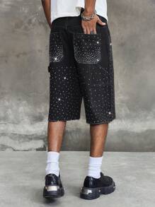 ROMWE MEN ROMWE Avant Pantalones cortos vaqueros (jorts) de hombre con decoración de strass, de moda de vanguardia para el verano