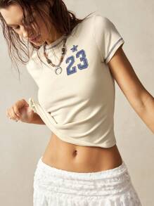 Bohemela 夏季音乐节休闲纯色针织图案圆领短袖修身女式T恤