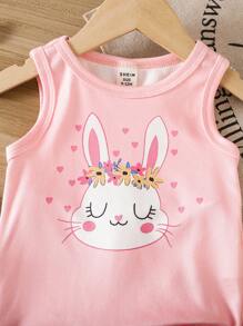 2pcs/Set Toddler Girls' Cute Rabbit Pattern Knit Round Neck Tank Top And Tight Shorts Casual Outfit, Spring/Summer - Pink - View 6
