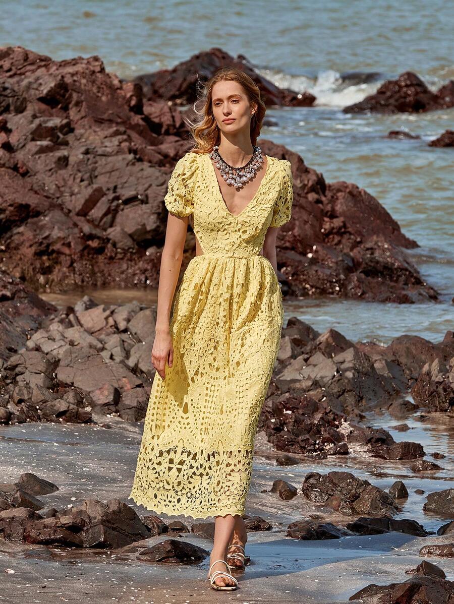 SHEIN LUNE Women's Elegant Solid Color Hollow-Out Long Dress, Summer - Yellow - View 1