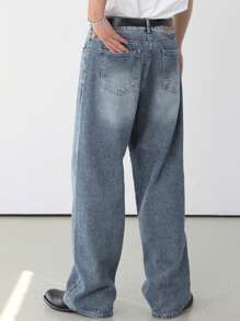 DAZY Men's Spring Casual Blue Washed Slant Pockets Straight Leg Jeans - Blue - View 2