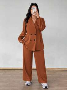 Flirla Conjunto de 2 piezas de blazer con botones y pantalones de talla grande - Óxido marrón - Ver 5