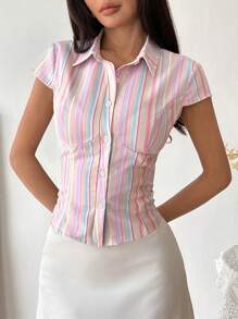 SHEIN Unity Women Rainbow Stripe Slim-Fit Short Sleeve Shirt, Spring/Summer - Multicolor - View 5