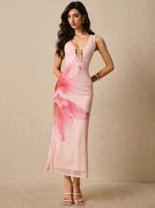 Poéselle Women's Mesh Floral Print V-Neck Backless Romantic Holiday Dresses Long Dresses Lace-Up Decoration Comfortable, Fashionable Suitable For Summer - Baby Pink - View 7