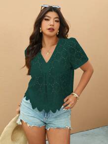 Elaquor Plus Size Solid Color Hollow Embroidery Shell Trim Casual Short Sleeve Shirt - Dark Green - View 1
