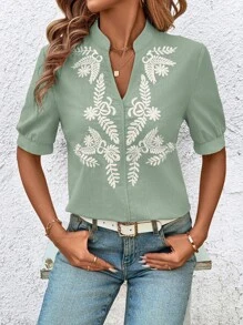 SHEIN Clasi V-Neck Eyelet Embroidery Women Shirt, Fashionable For Summer, Christmas - Mint Green - View 4