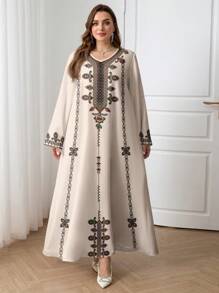 Al Najma Plus Size Arabian Dress: Elegant Woven Fabric Maxi Dress With V Neck And Long Sleeves, Featuring Embroidery And A Flared Hem, Perfect For Modest Style Fall Clothes Winter Clothes Chic Dress - White - View 3