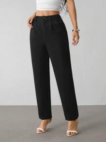 SHEIN PETITE Spring Black Slant Pockets Cropped Suit Pants Work Pants - Black - View 3