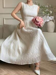 DAZY Summer Casual Elegant Faux Pearl 3D Decor Lace Jacquard Midi Slip Dress With High-End Feminine Vibe For Women,Dress For Wedding