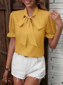 SHEIN Clasi Blusa de unicolor de manga corta para mujer, de moda para el verano - Amarillo - Ver 1