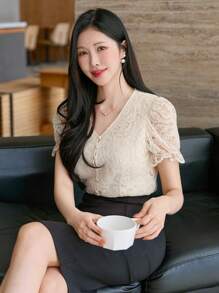 DAZY 纹理面料 V 领优雅泡泡袖女式夏季上衣 - 米色 - 查看 6