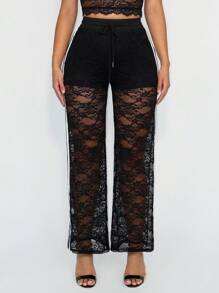 Sirith Women's Drawstring Waist Straight Leg Loose Elegant Lace Pants