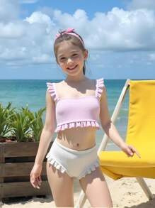 Tween Girl Pink Ruffled Bikini Swimsuit Set,Suitable For Summer Beach, Vacation, Swimming, Travel - Multicolor - View 3