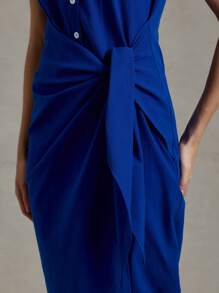 Briarwyn Abito di media lunghezza elegante da donna, di colore unito intessuto, con collo alla coreana, maniche corte, attillato, adatto per l'estate, abito casual elegante, camicetta con fiocco davanti per l'ufficio - Blu Navy - Visualizzare 7