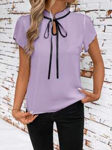 SHEIN Clasi 修身女士撞色短袖衬衫夏季女教师乡村夏季 - 淡紫色 - 查看 4