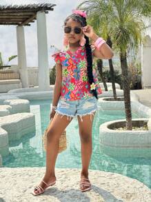 SHEIN Tween-Mädchen Lässige Bluse mit Blumenmuster und Flügelärmeln, vielseitig für den Frühlings-/Sommerurlaub - Verschiedenfarbig - Übersicht 4