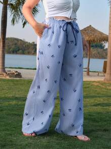 SHEIN MOD 大码女童休闲可爱蝴蝶结印花条纹蕾丝拼接腰部阔腿裤