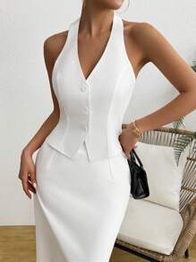 INAWLY 2pcs/Set Women Holiday Solid Color Single-Breasted Halter Top & A-Line Skirt Casual Outfit - White - View 2