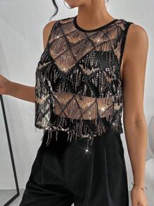 Siren Gaze 女士休闲音乐节网眼透视亮片短款背心 - 彩色 - 查看 5