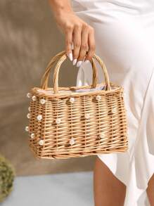 SHEIN SXY 女士手提包，草编包，藤编，珍珠，时尚，优雅，简约，个性化，多功能，适合海滩，度假，节日，夏季，海边 - 米色 - 查看 7