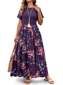 SHEIN Clasi Vestido casual de punto con flores y bolsillos laterales para mujer de talla grande, con cintura favorecedora, apropiado para el día a día y vacaciones en la playa