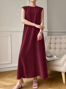 Heiryn Women Sleeveless Solid Color Arabic Style Dress Suitable For Summer - Burgundy - View 3