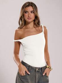 SHEIN BAE Body de mujer de ajuste ceñido con cuello asimétrico y twist, color negro sólido, para el verano / Body casual minimalista y de moda sin mangas