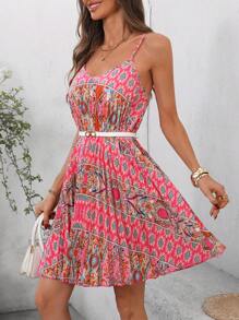SHEIN Clasi Vestido mini con cuello en V elegante, plisado y estampado floral para mujer, vestido casual de invitada de boda, vestido de graduación, atuendo de vacaciones, vestido de primavera, vestido de sol, vestido de fiesta, vestido floral, vestido bohemio para mujer