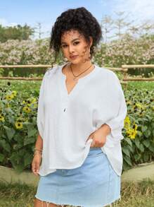 SHEIN EZwear Plus Size Women Cotton Boho Style Vacation Pullover Blouse - White - View 4