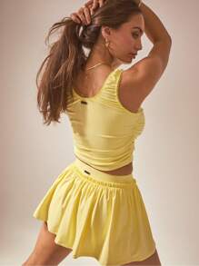Aralina Women's Solid Color Ruched Tank & Mini Skirt Workout Set - Yellow - View 2