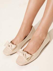 CUCCOO CHICEST 女士夏季新款蝴蝶结方头平底休闲基本款卡其色亚麻编织乐福鞋，优雅适合下午茶、约会、度假穿着 - 杏色 - 查看 2