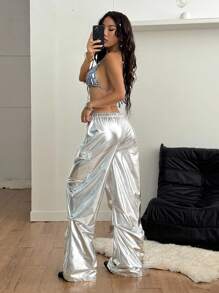 Coolane 女士和男士夏季 Y2K 外出街头装银色带口袋工装裤