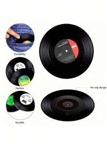 SHEIN 6 件装复古黑胶唱片杯垫，防滑耐热 CD 杯垫，带礼品盒、咖啡杯垫 - 彩色 - 查看 8