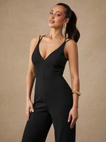 Silquee Premium Quality Elegant And Sexy Backless Cross Strap V-Neck Design Black Solid Color Jumpsuit, Suitable For Party Graduation - White - View 6