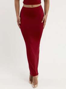 Silquee Falda lápiz básica de color rojo borgona, de tela elástica y suave, diseño de ajuste cómodo para mujeres de talla grande, diseño de moda con artesanía especial de empalme, certificada internacionalmente - Burdeos - Ver 3