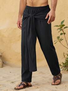 Genlund Men's Solid Color Knotted Waist Straight Loose Casual  Black Pants Men Baggy - Black - View 1