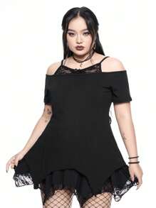 ROMWE Goth Große Größen Sommer Strandkonzert T-Shirt, Damen Rave T-Shirt Festival Streetwear Gotischer mysteriöser Katze Stern Totenkopf Muster asymmetrischer Saum Carmen-Bluse Off-Shoulder Spitzen Camisole Schwarz T-Shirt