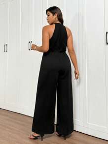 SHEIN Privé 节日情人节新款优雅简约浪漫约会复古现代日常通勤中式领口露背收腰 3D 花卉黑色露背连体裤，毕业 - 黑色 - 查看 2