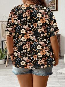 SHEIN LUNE T-shirt à col ras-du-cou ample à manches courtes avec imprimé floral " ditsy " tout-sur-tout, taille grande, adapté pour l'été