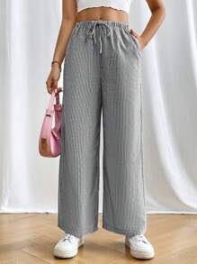 SHEIN PETITE 女士纯色时尚长裤，适合夏季 - 黑色 - 查看 7