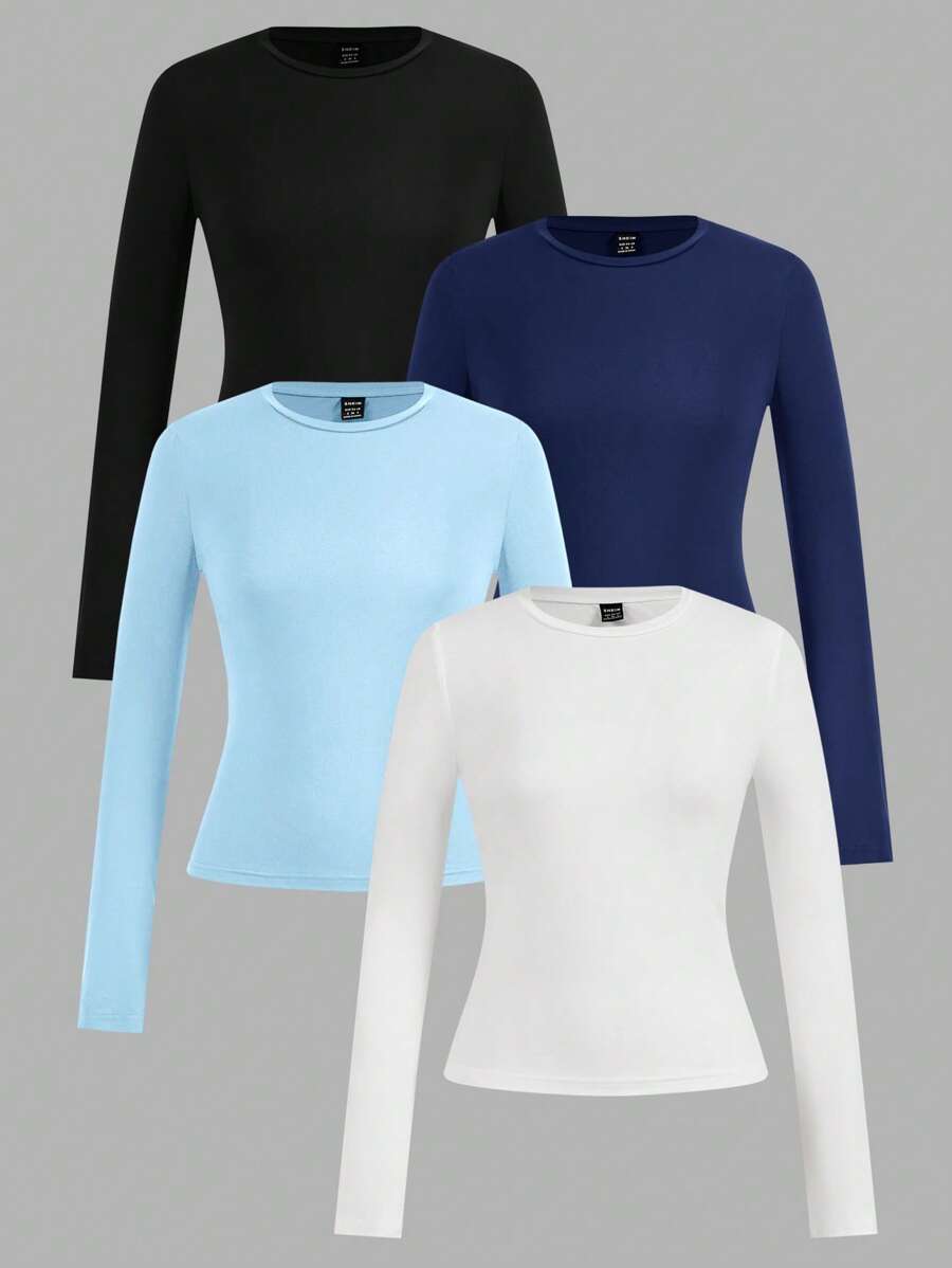 SHEIN EZwear 4 件套女士长袖圆领紧身长 T 恤套装,休闲风格适合夏季 - 彩色 - 查看 1