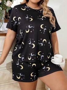 Miss Vinta Mond & Stern Muster Kurzarm Shorts Pyjama Set, leicht, geeignet für legere Lässig kleidung - Schwarz - Übersicht 5