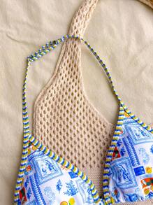 SHEIN Teen Girls 2pcs/Set Seaside Vacation Blue And White Summer Random Color Print Spaghetti Strap Top & High Cut Bikini Bottom Set,Summer Beach, Suitable For Summer