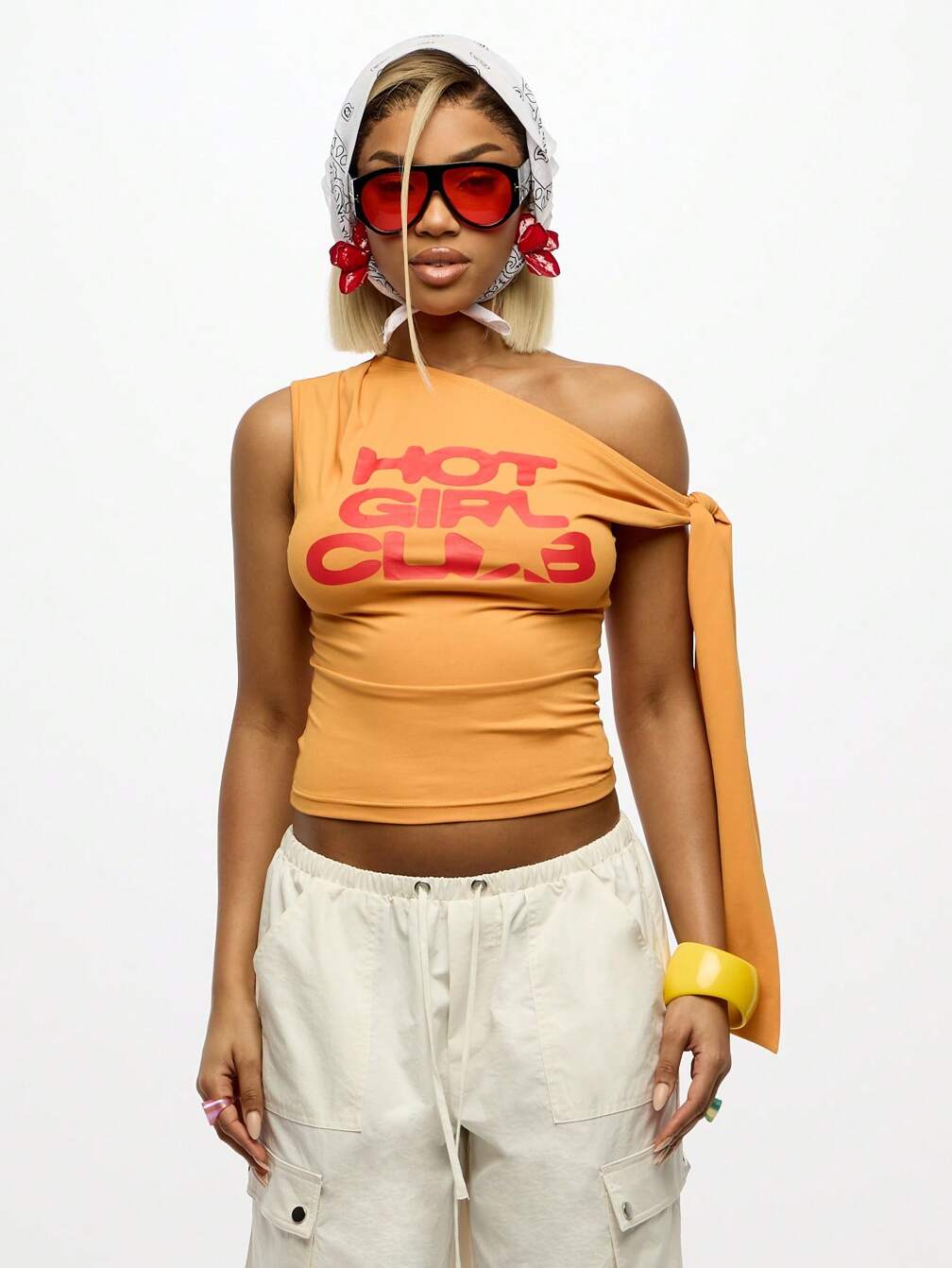 SUMWON WOMEN Club Asymmetric Shoulder Tie Detail Crop Top Summer